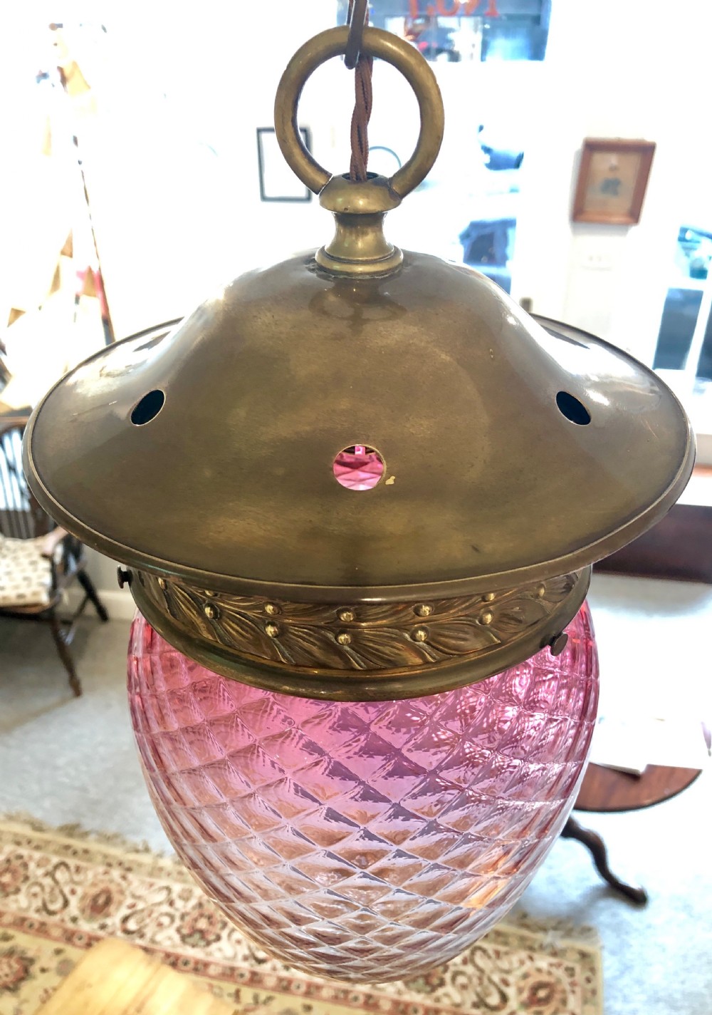 Antique Victorian Cranberry Glass Hall Lantern  View X