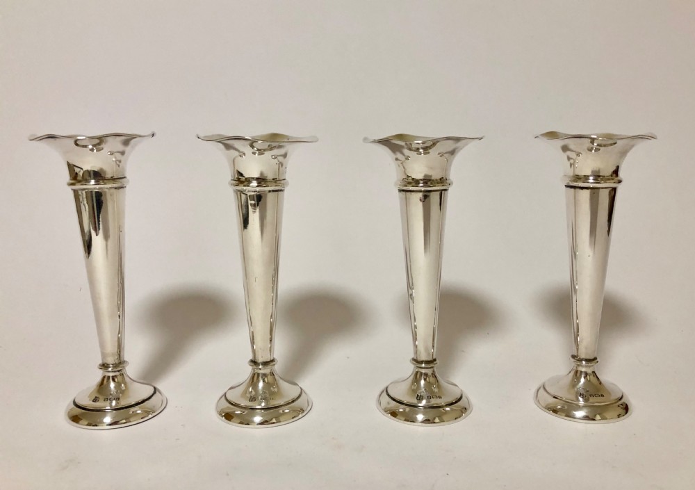 Set of 4 Antique Solid Sterling Silver Trumpet Posy Vases