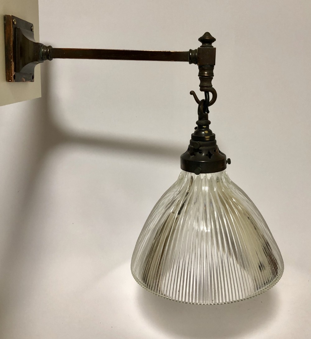 Antique Holophane Prismatic Glass Pendant Light on Wall Mounted Bracket 12 Available