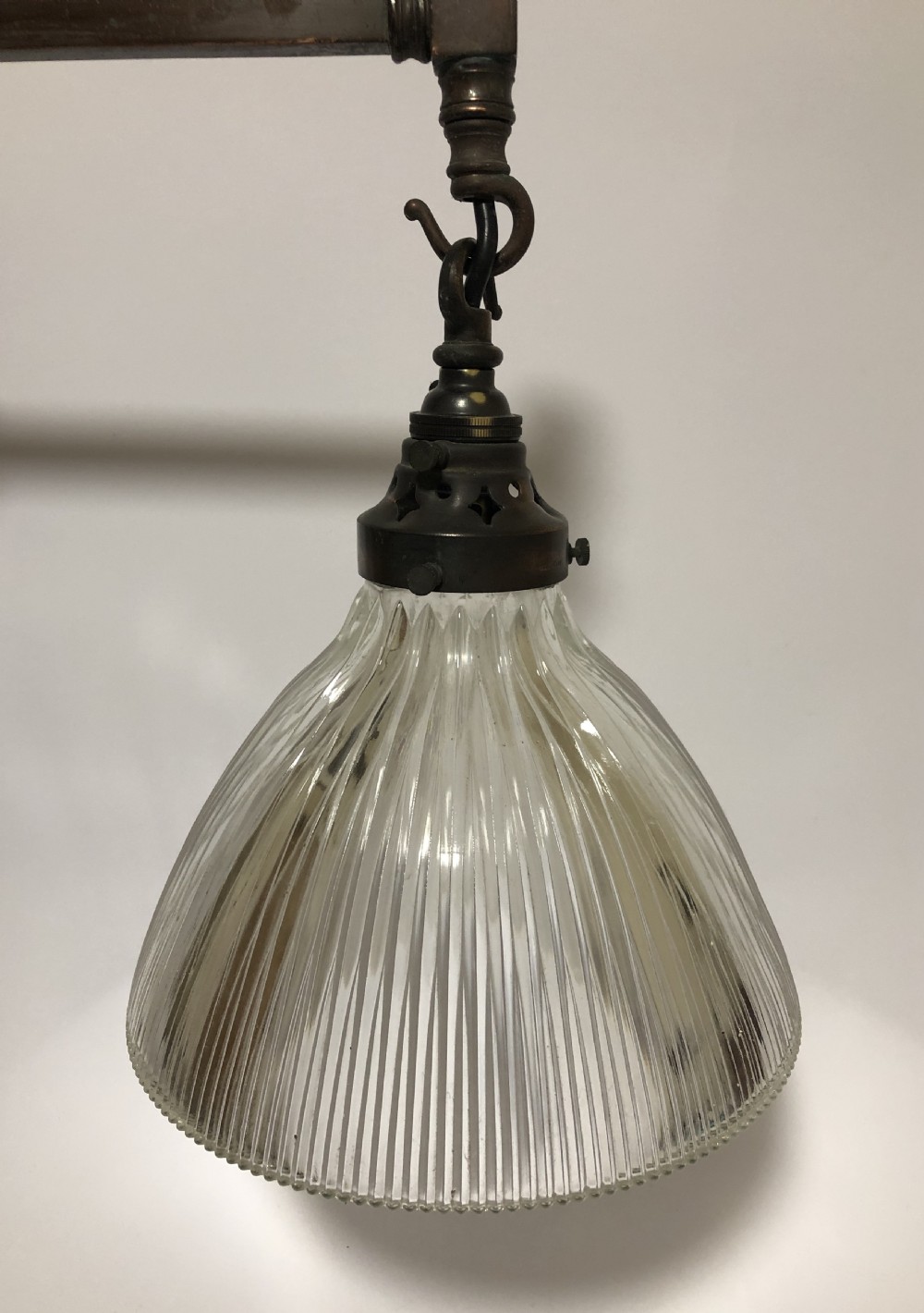 Antique Holophane Prismatic Glass Pendant Light on Wall Mounted Bracket 12 Available View II