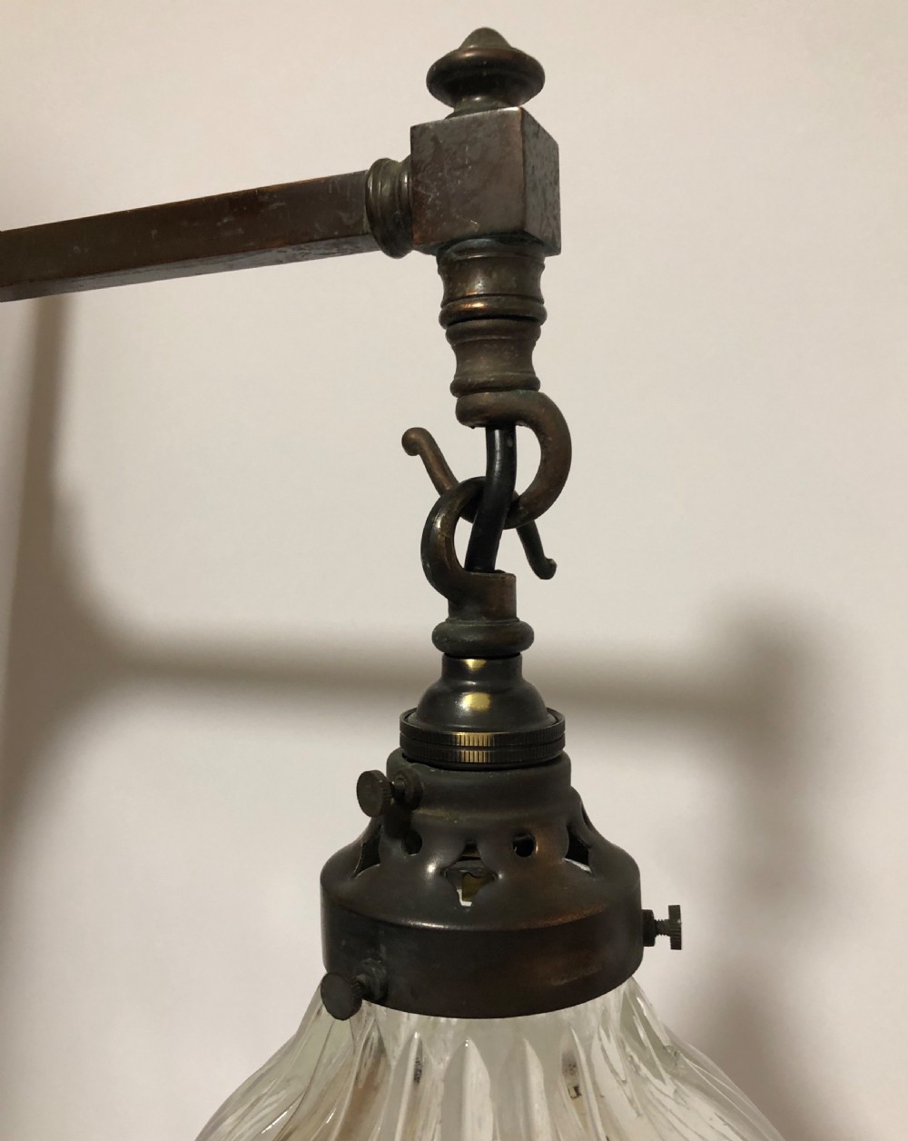 Antique Holophane Prismatic Glass Pendant Light on Wall Mounted Bracket 12 Available View III