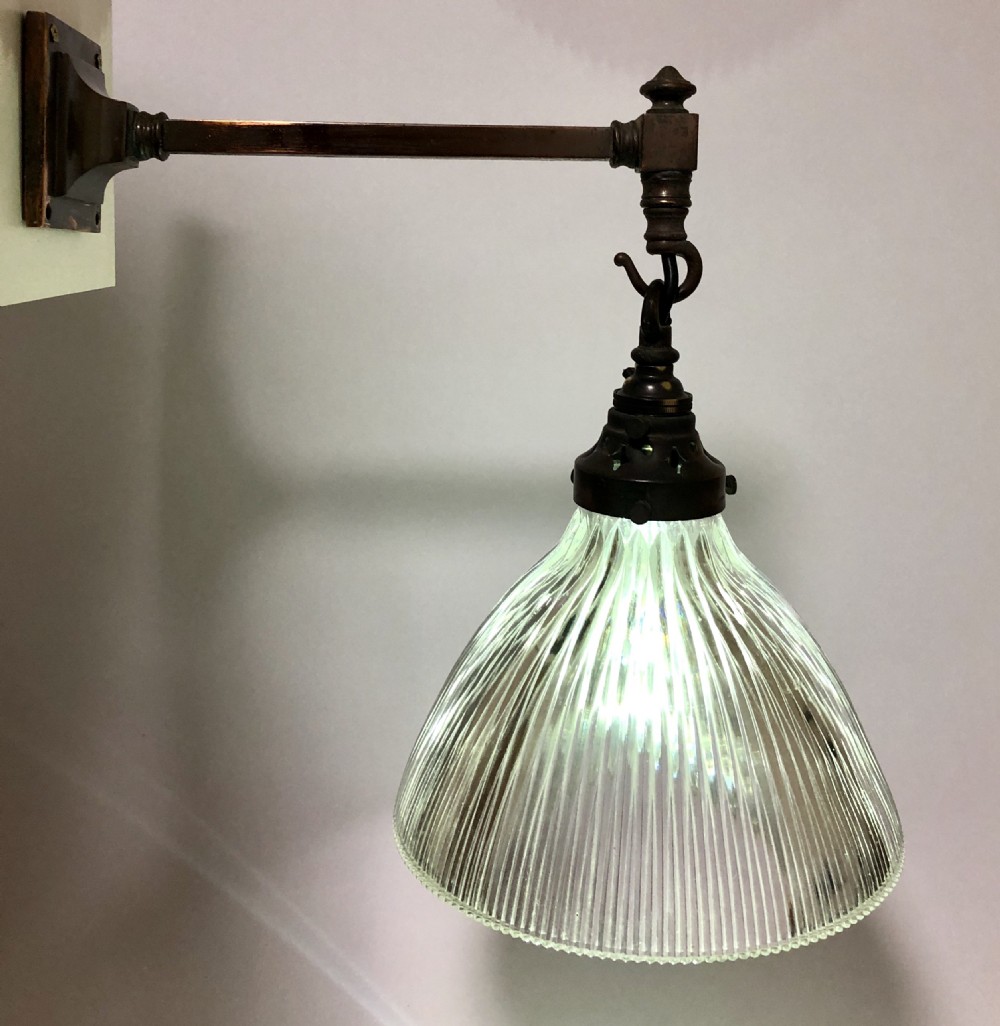 Antique Holophane Prismatic Glass Pendant Light on Wall Mounted Bracket 12 Available View VI