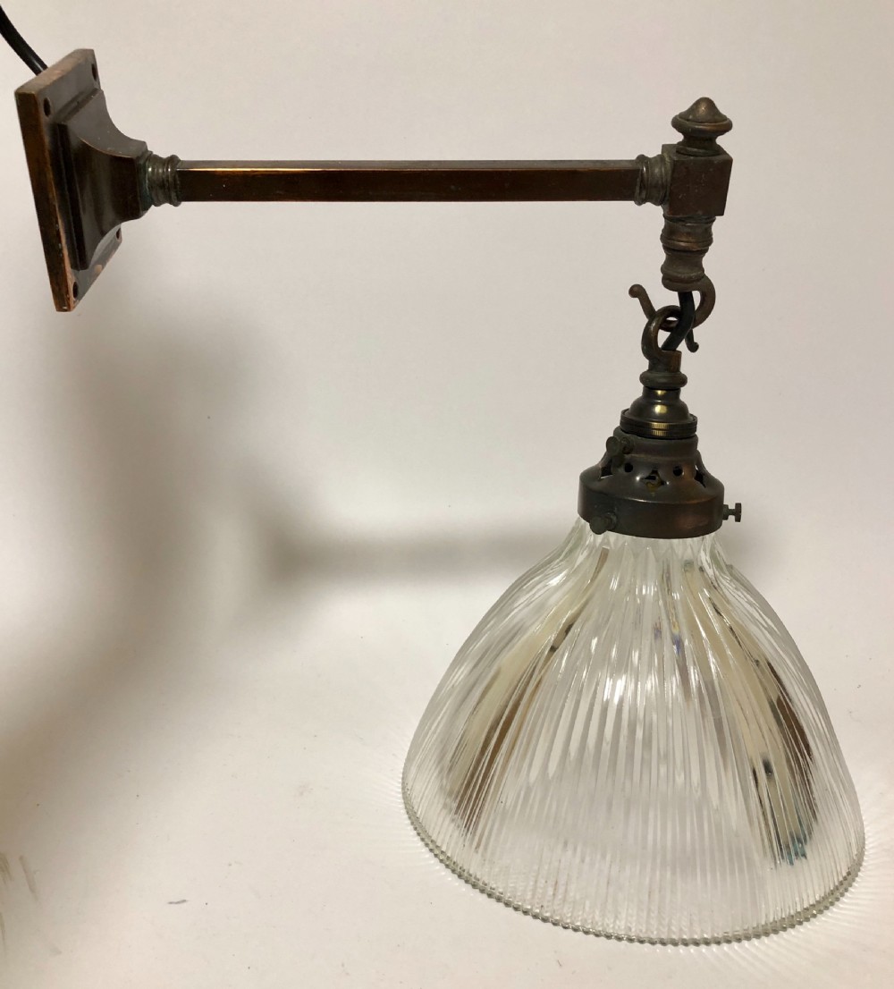 Antique Holophane Prismatic Glass Pendant Light on Wall Mounted Bracket 12 Available View VIII