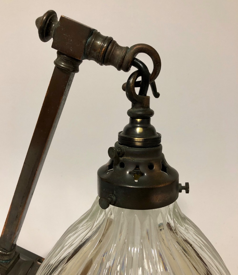 Antique Holophane Prismatic Glass Pendant Light on Wall Mounted Bracket 12 Available View IX