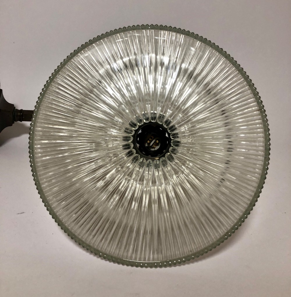 Antique Holophane Prismatic Glass Pendant Light on Wall Mounted Bracket 12 Available View X