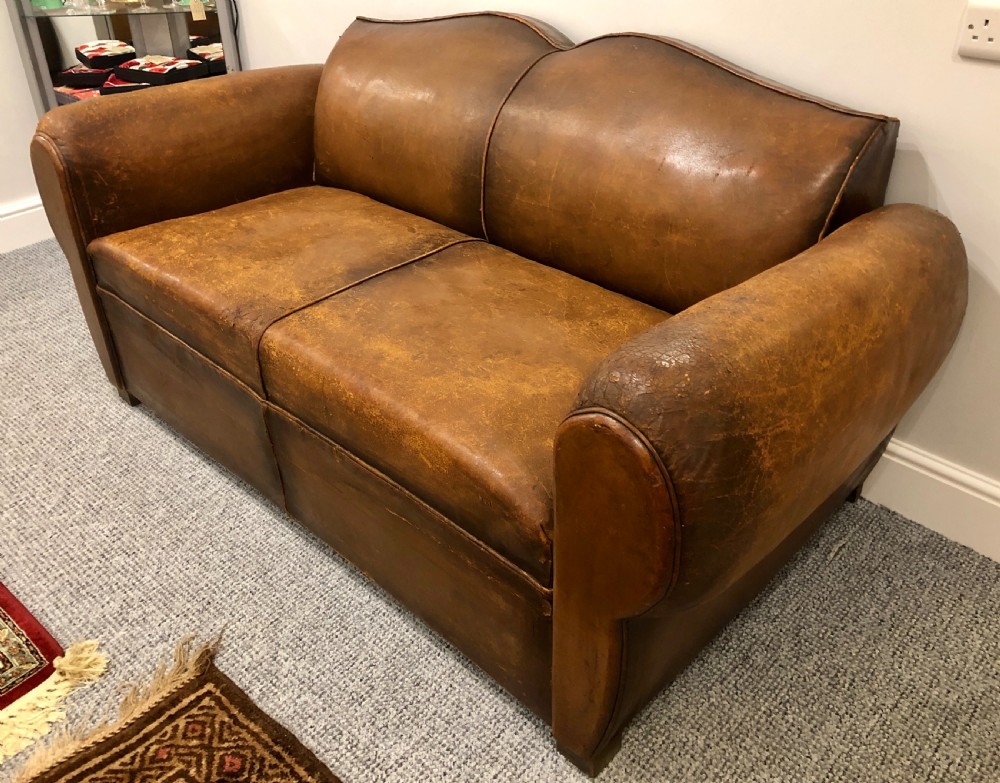 Antique French Moustache Back Leather Club Sofa View II