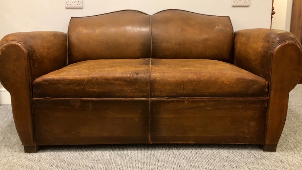 Antique French Moustache Back Leather Club Sofa View IV