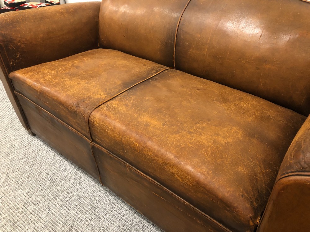 Antique French Moustache Back Leather Club Sofa View V