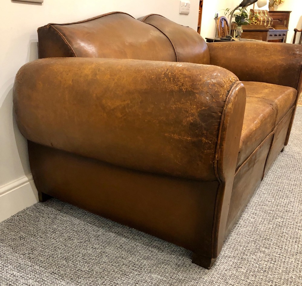 Antique French Moustache Back Leather Club Sofa View VI