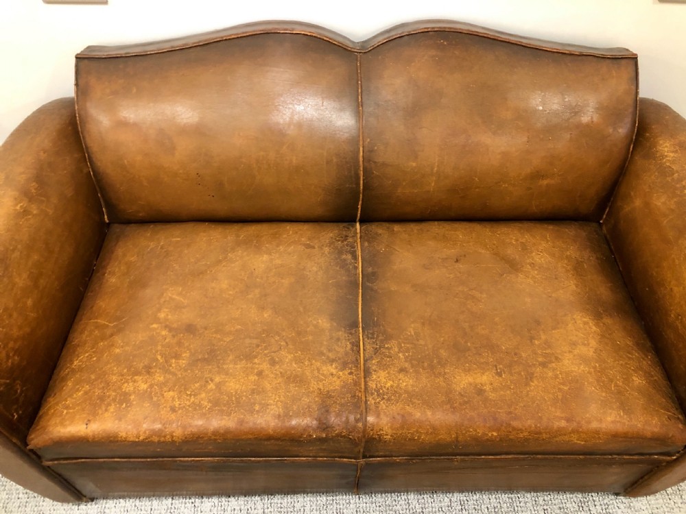 Antique French Moustache Back Leather Club Sofa View VII