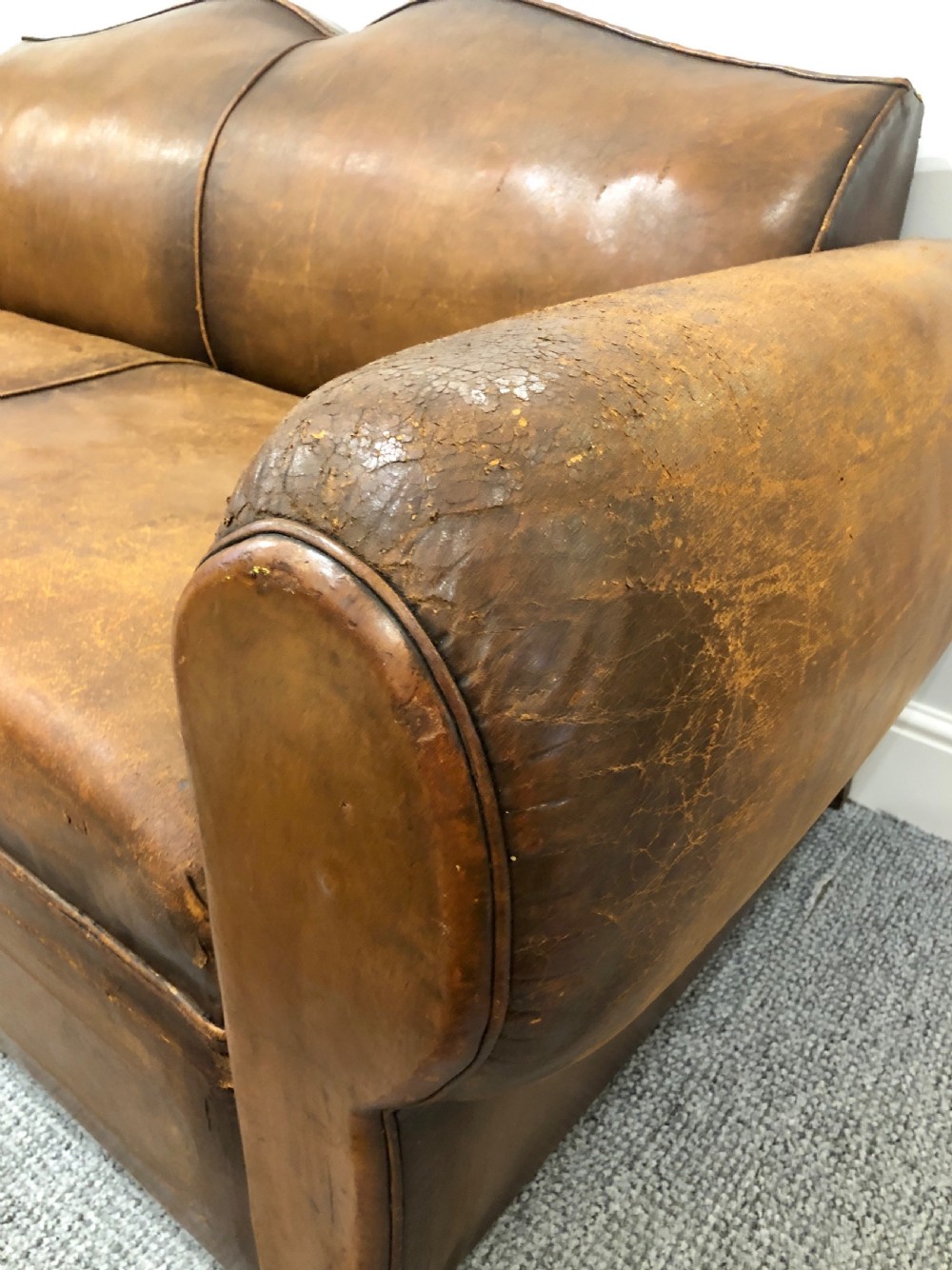 Antique French Moustache Back Leather Club Sofa View IX