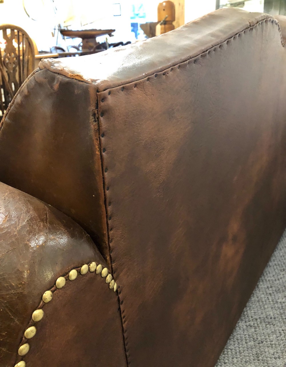 Antique French Moustache Back Leather Club Sofa View X