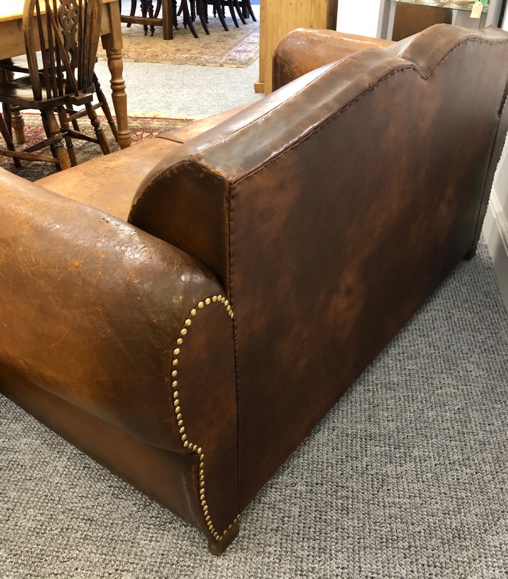 Antique French Moustache Back Leather Club Sofa View XI