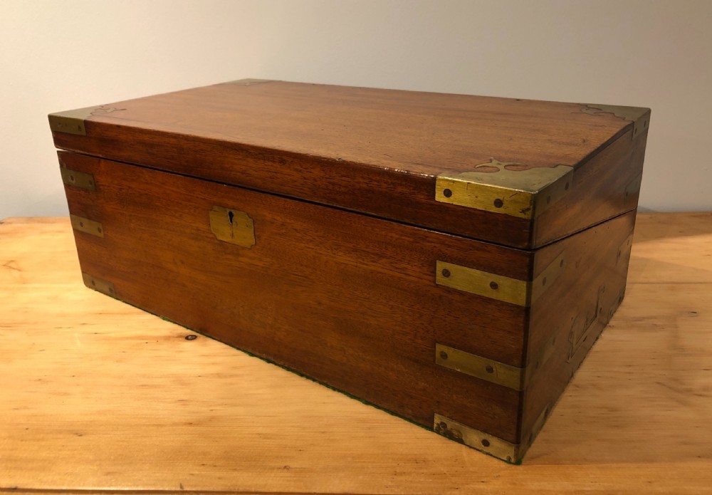 Antique Victorian Mahogany Brass Bound Campaign Writing Slope View III