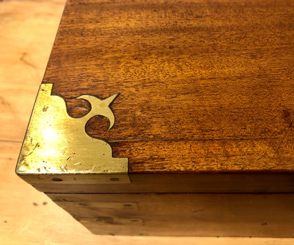 Antique Victorian Mahogany Brass Bound Campaign Writing Slope View VII