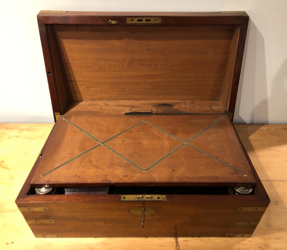 Antique Victorian Mahogany Brass Bound Campaign Writing Slope View IX