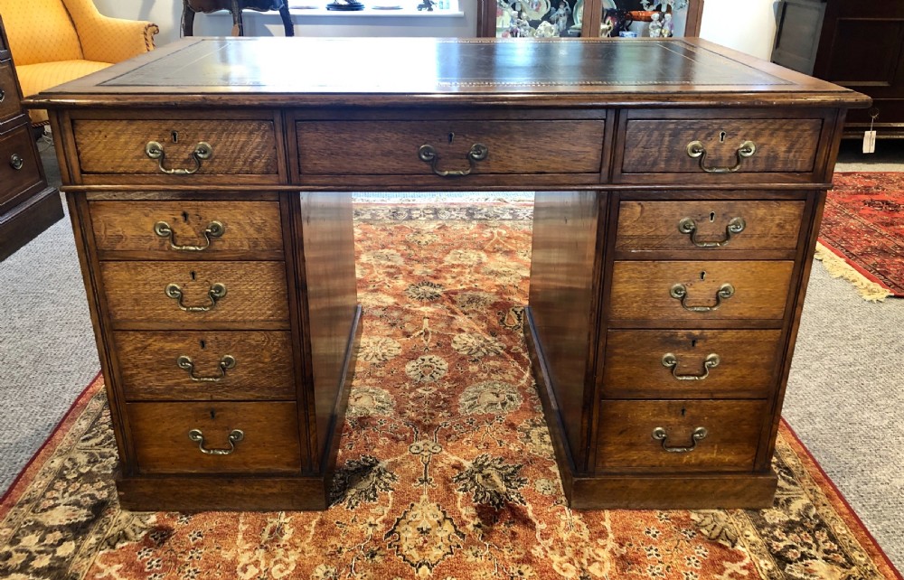 Antique Edwardian Oak Pedestal Partners Desk View IV