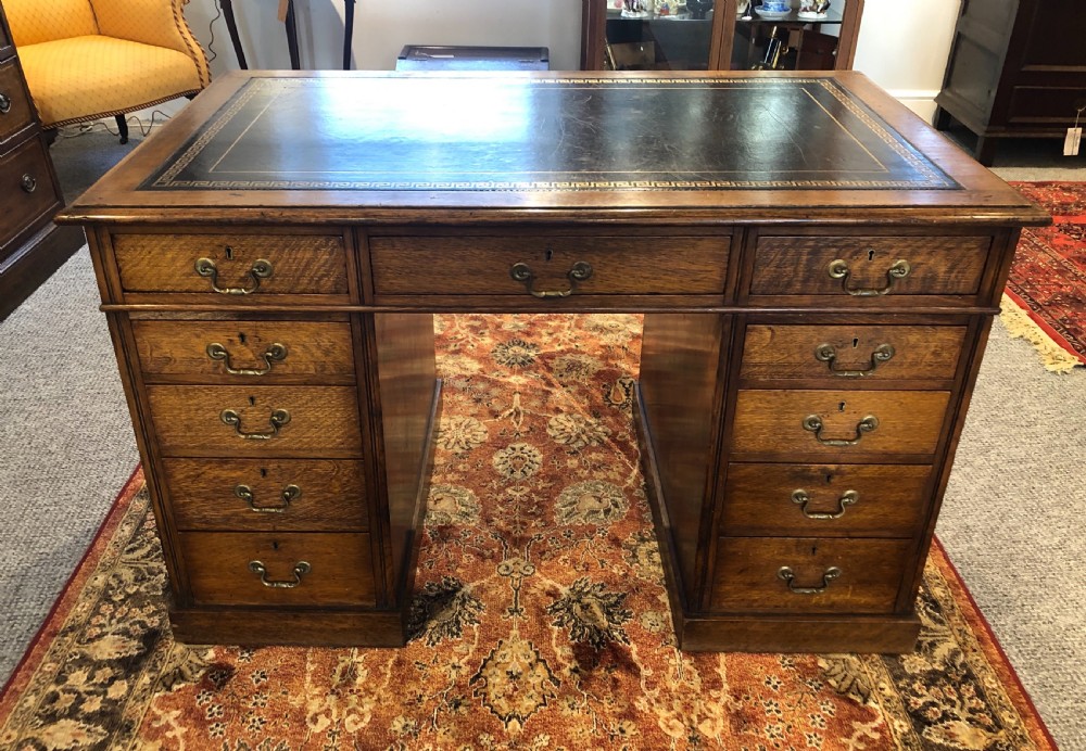 Antique Edwardian Oak Pedestal Partners Desk View V