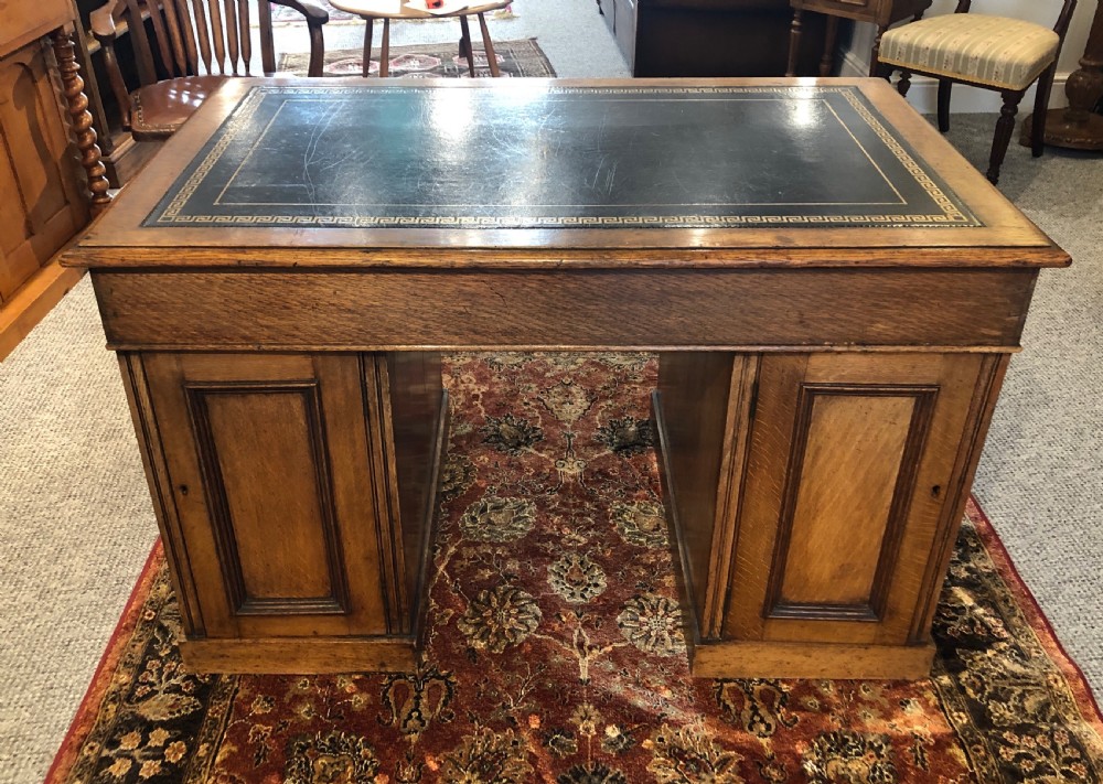 Antique Edwardian Oak Pedestal Partners Desk View VI