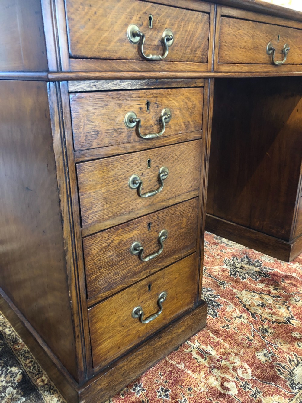 Antique Edwardian Oak Pedestal Partners Desk View XI