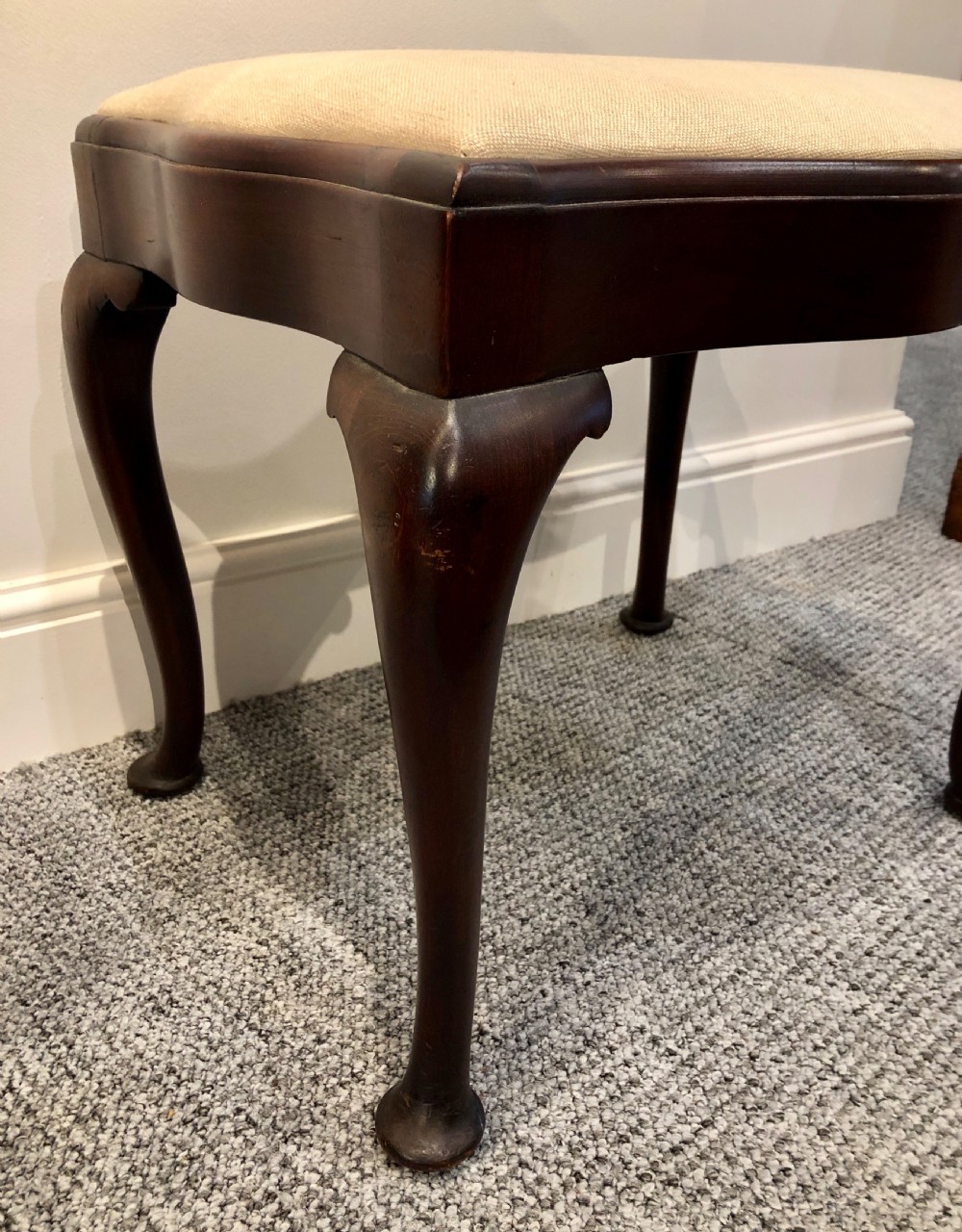 Antique Queen Anne Style Mahogany Upholstered Stool View IV