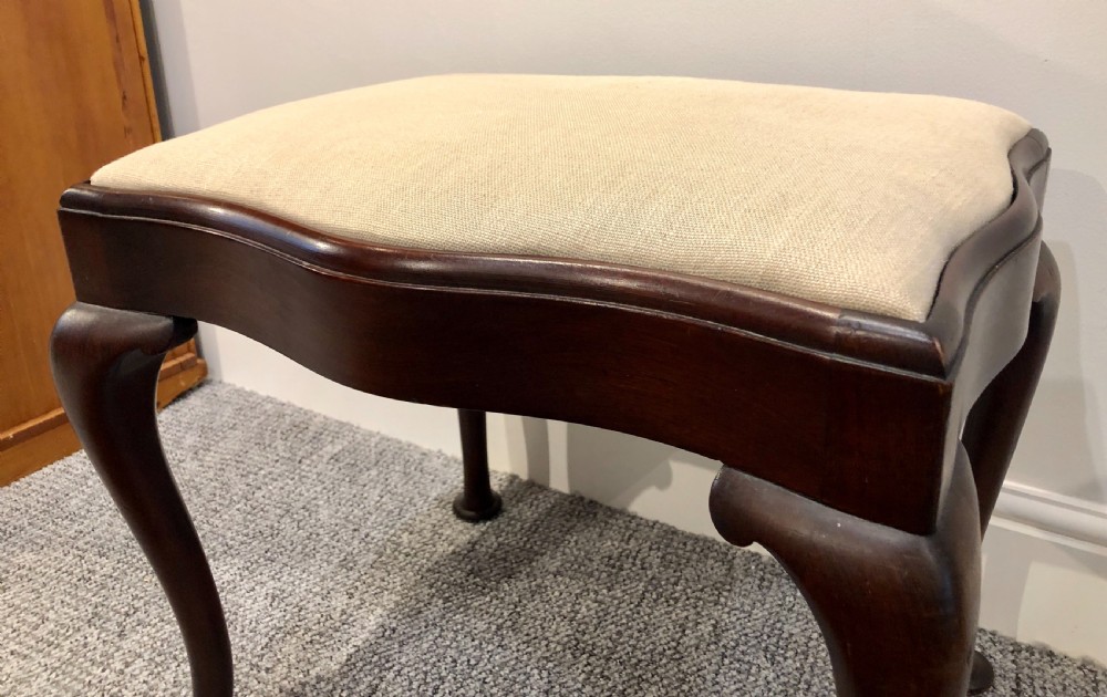 Antique Queen Anne Style Mahogany Upholstered Stool View V