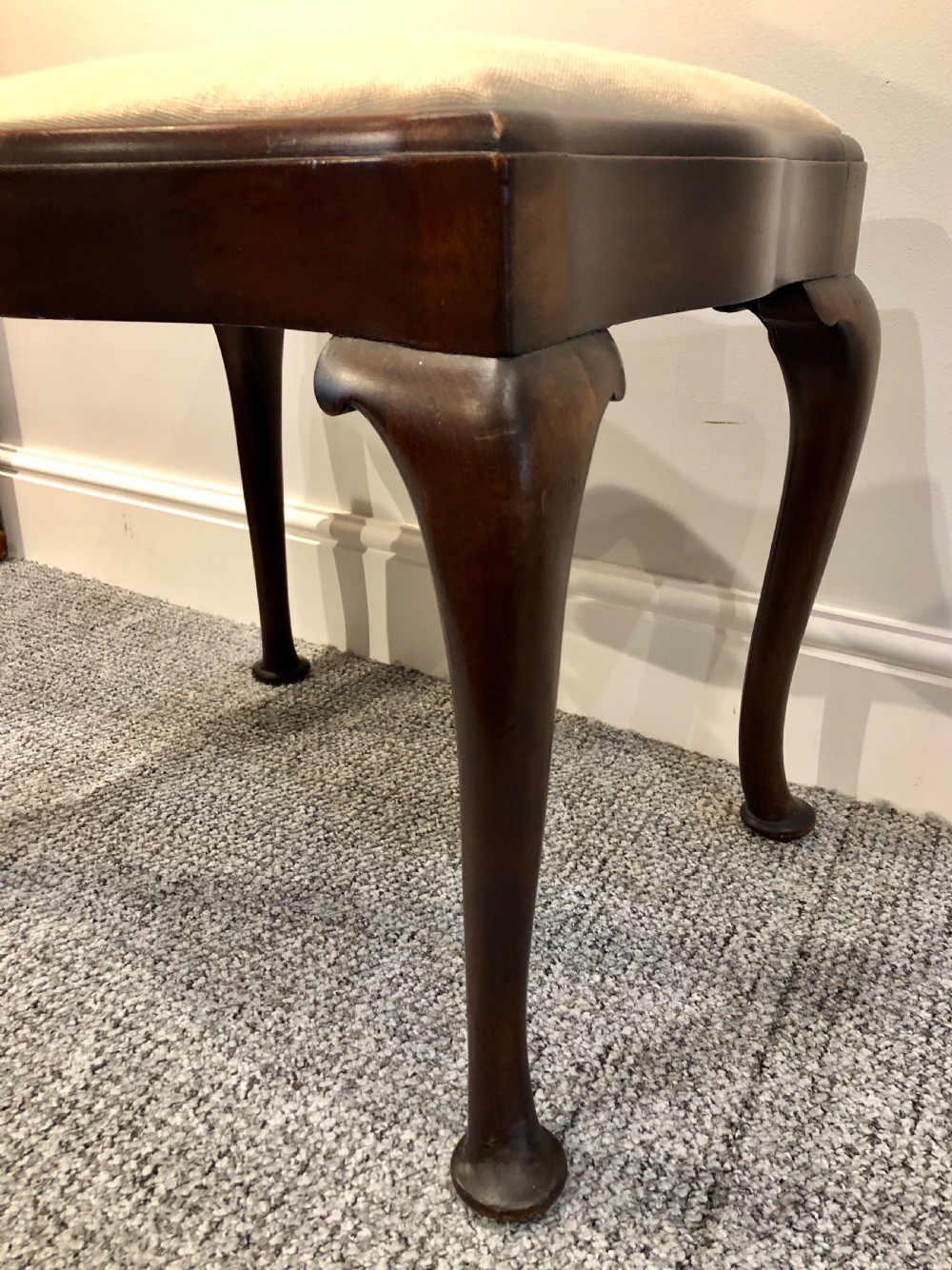 Antique Queen Anne Style Mahogany Upholstered Stool View VI