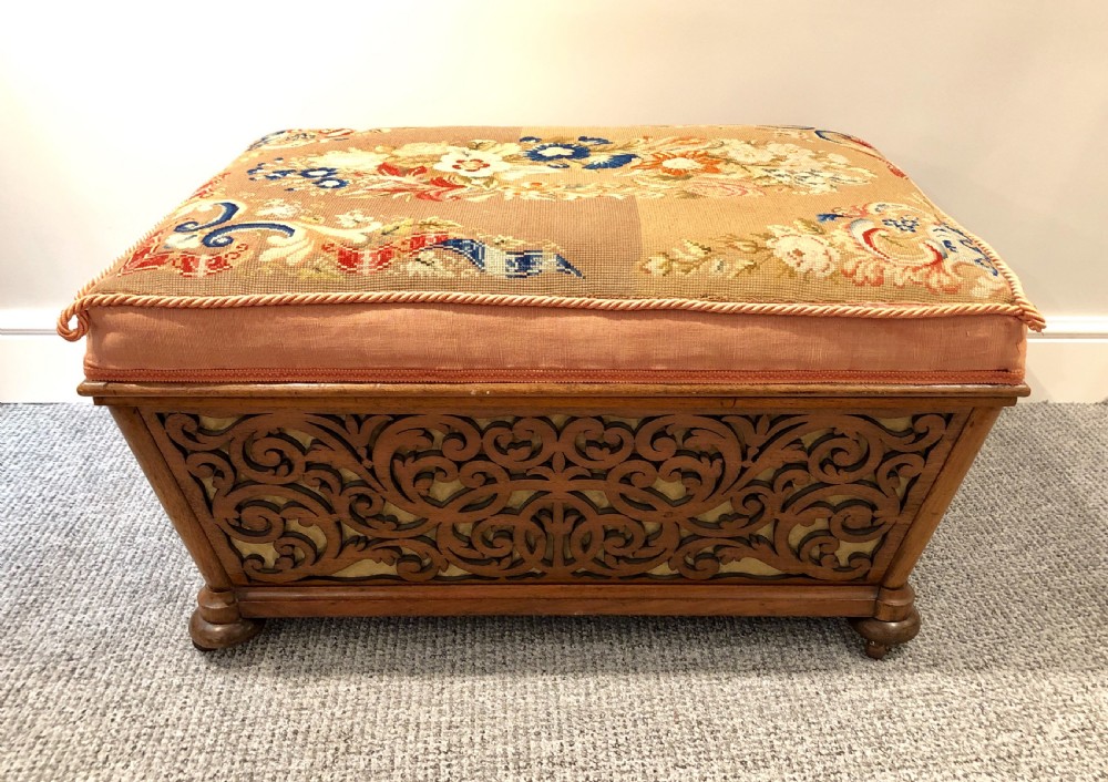 Antique Victorian Fretwork Ottoman with Upholstered Needlepoint Seat