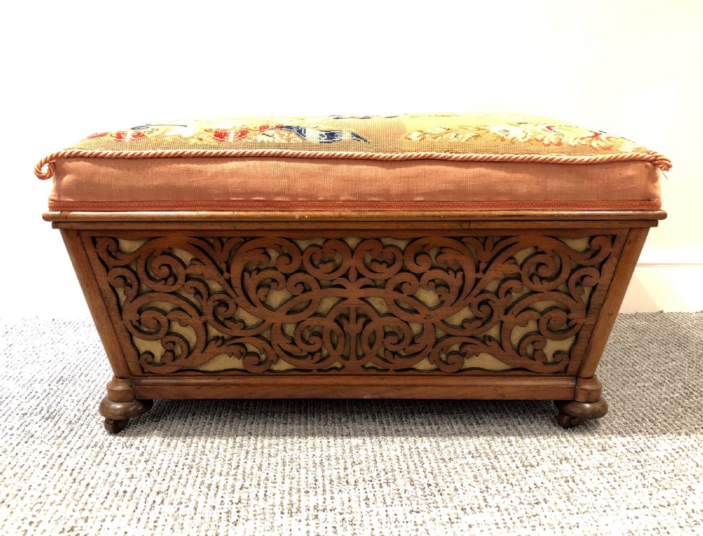 Antique Victorian Fretwork Ottoman with Upholstered Needlepoint Seat View II