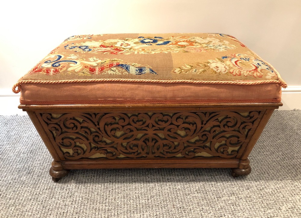 Antique Victorian Fretwork Ottoman with Upholstered Needlepoint Seat View III