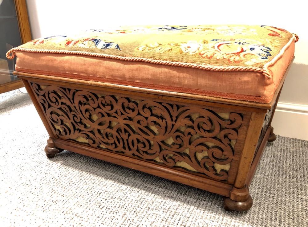 Antique Victorian Fretwork Ottoman with Upholstered Needlepoint Seat View IV