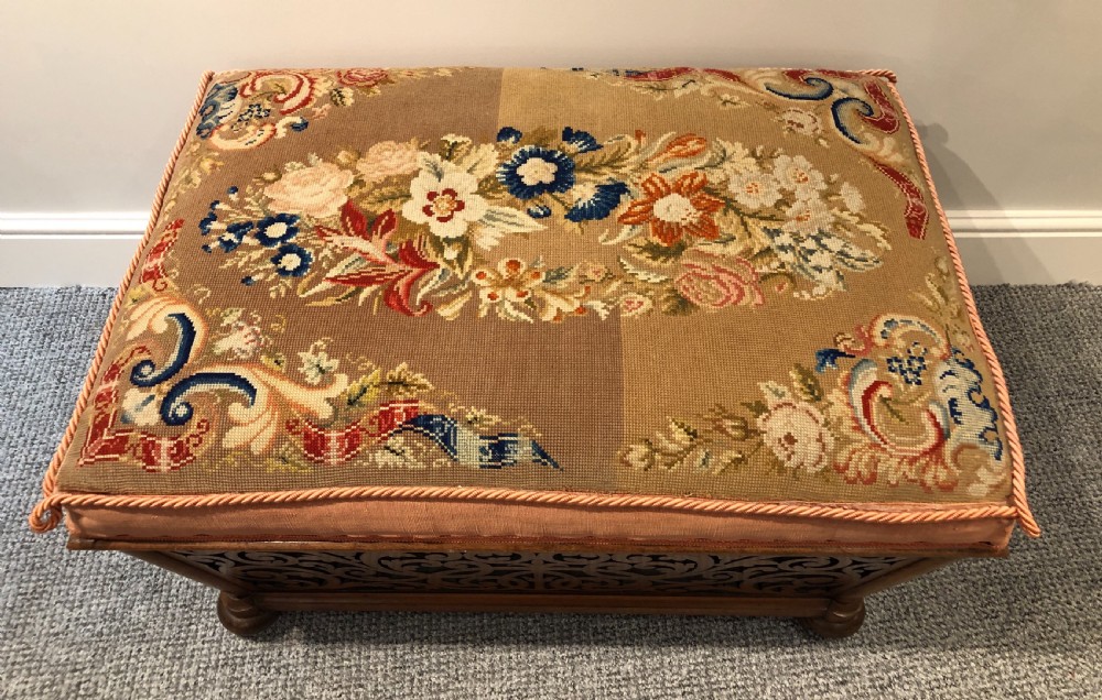 Antique Victorian Fretwork Ottoman with Upholstered Needlepoint Seat View V