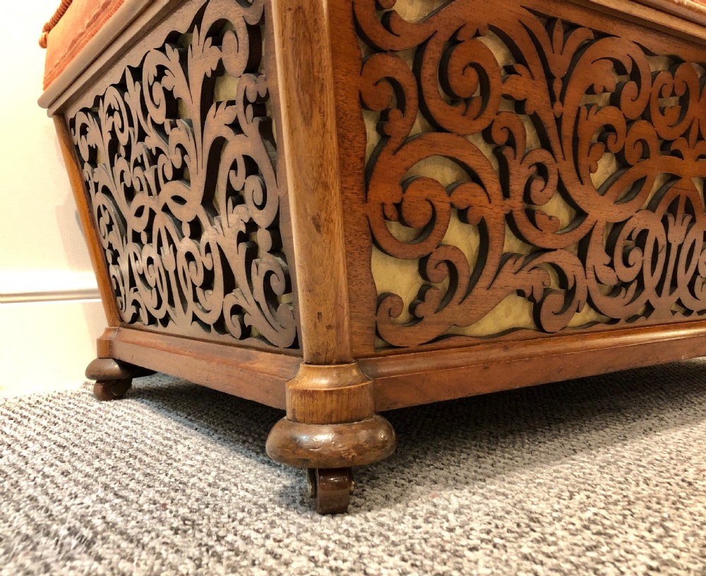 Antique Victorian Fretwork Ottoman with Upholstered Needlepoint Seat View VI