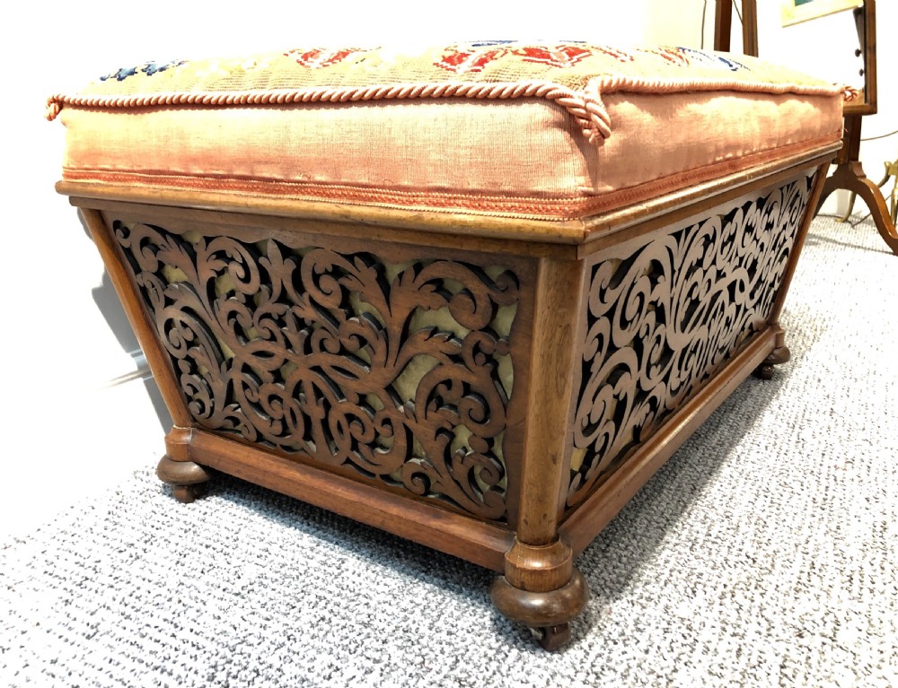 Antique Victorian Fretwork Ottoman with Upholstered Needlepoint Seat View VII