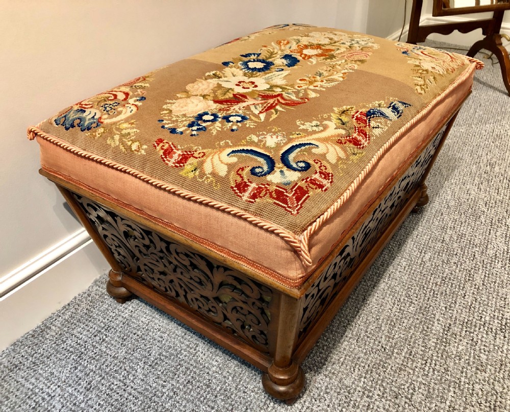 Antique Victorian Fretwork Ottoman with Upholstered Needlepoint Seat View VIII