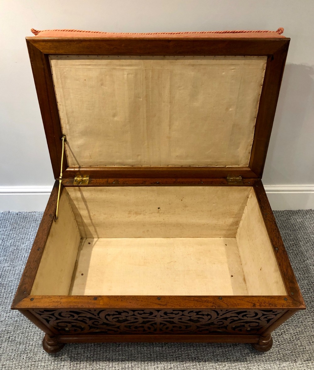 Antique Victorian Fretwork Ottoman with Upholstered Needlepoint Seat View IX