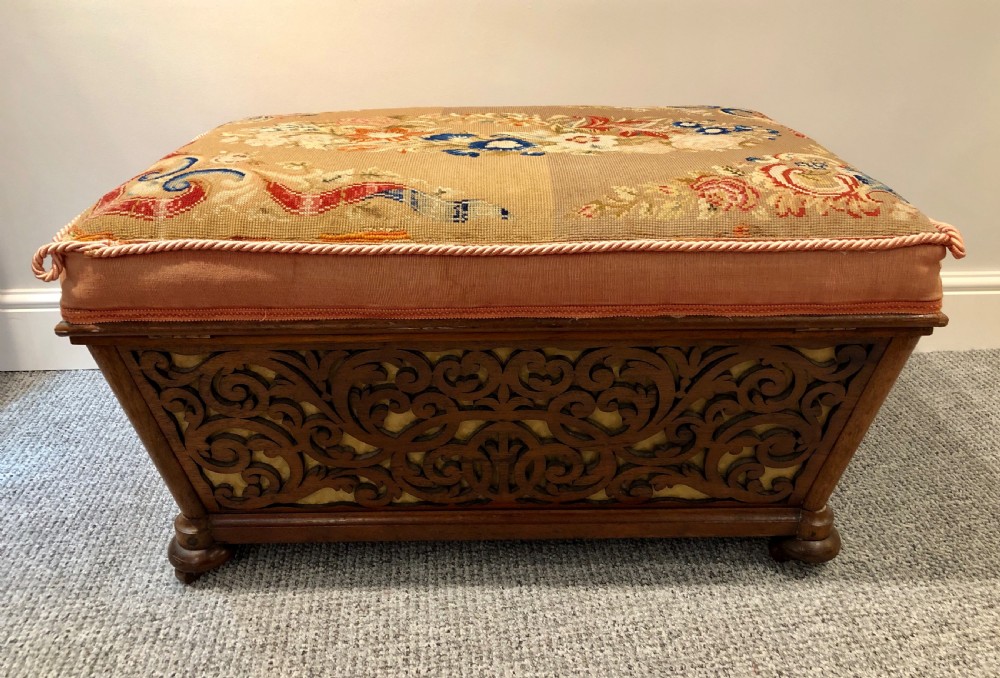 Antique Victorian Fretwork Ottoman with Upholstered Needlepoint Seat View XIII