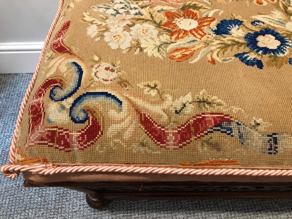 Antique Victorian Fretwork Ottoman with Upholstered Needlepoint Seat View XIV