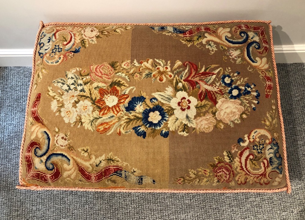 Antique Victorian Fretwork Ottoman with Upholstered Needlepoint Seat View XV