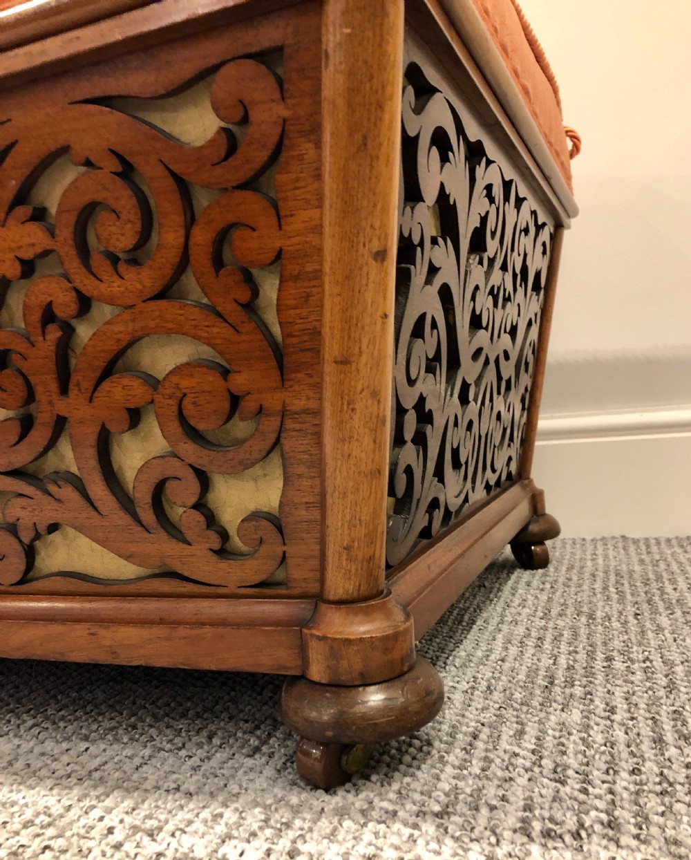 Antique Victorian Fretwork Ottoman with Upholstered Needlepoint Seat View XVI