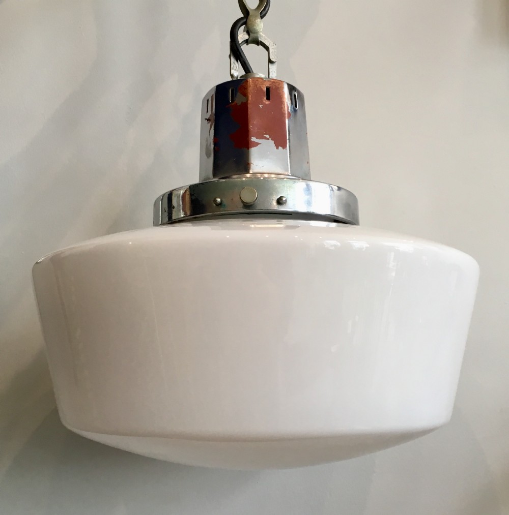 Antique Art Deco Opaline Glass Pendant Ceiling Light with Chrome Gallery View II