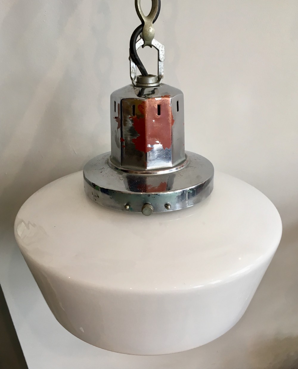 Antique Art Deco Opaline Glass Pendant Ceiling Light with Chrome Gallery View VI