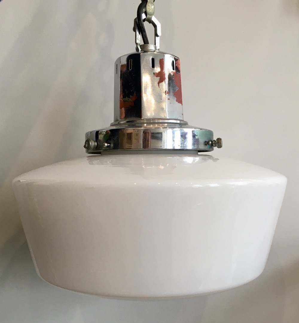 Antique Art Deco Opaline Glass Pendant Ceiling Light with Chrome Gallery View VII