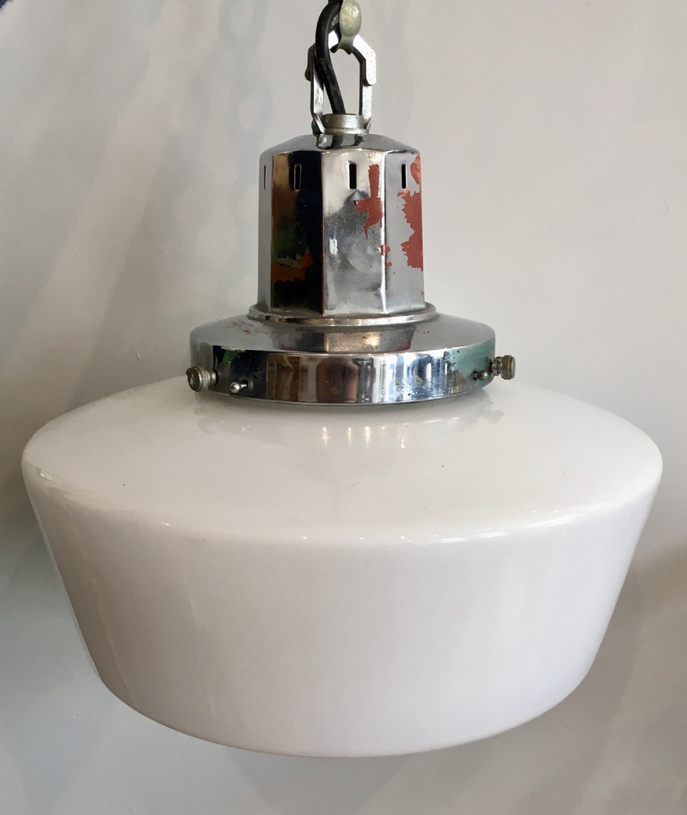 Antique Art Deco Opaline Glass Pendant Ceiling Light with Chrome Gallery View VIII