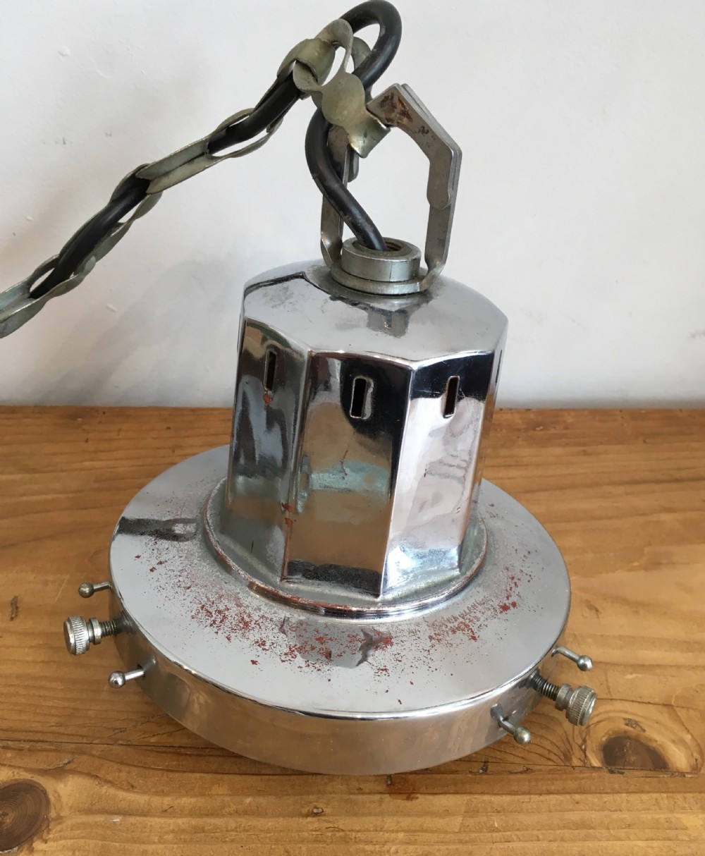 Antique Art Deco Opaline Glass Pendant Ceiling Light with Chrome Gallery View X