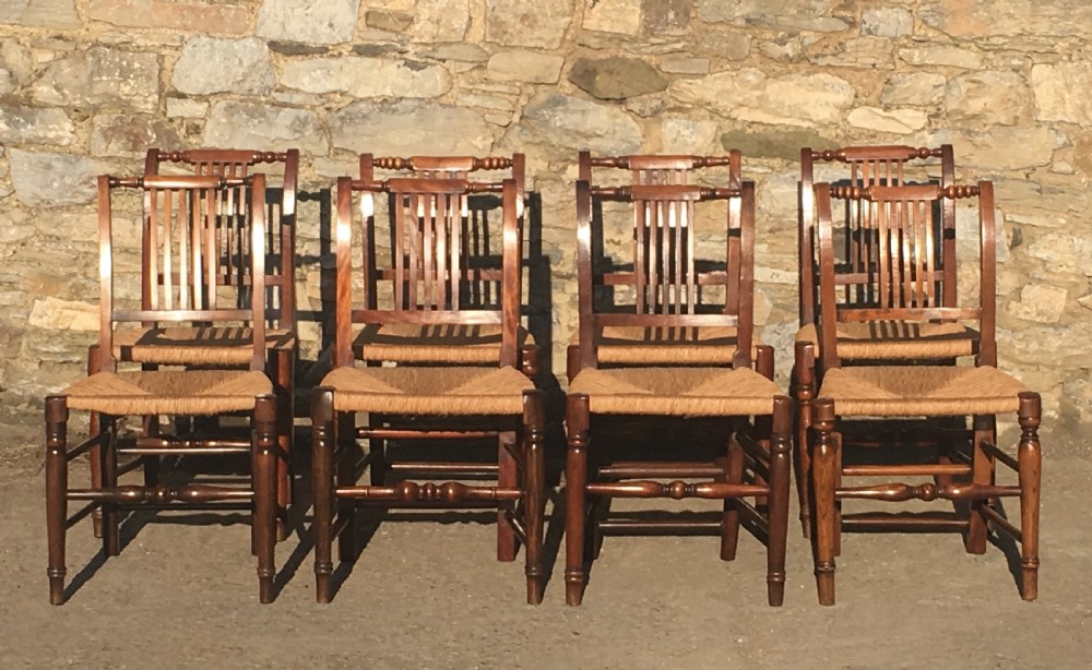 Harlequin Set of 8 Antique Country Dining Chairs with Rush Seats View II