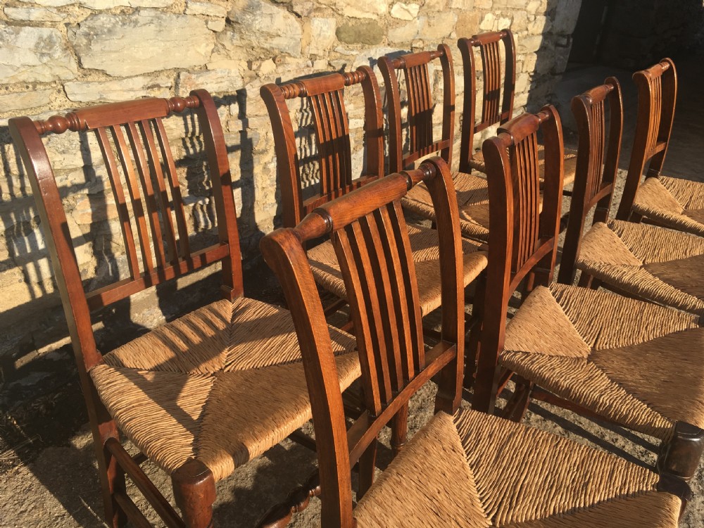 Harlequin Set of 8 Antique Country Dining Chairs with Rush Seats View VI