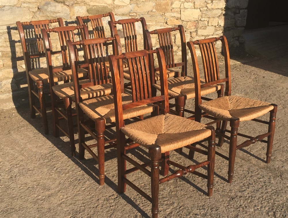 Harlequin Set of 8 Antique Country Dining Chairs with Rush Seats View XIII