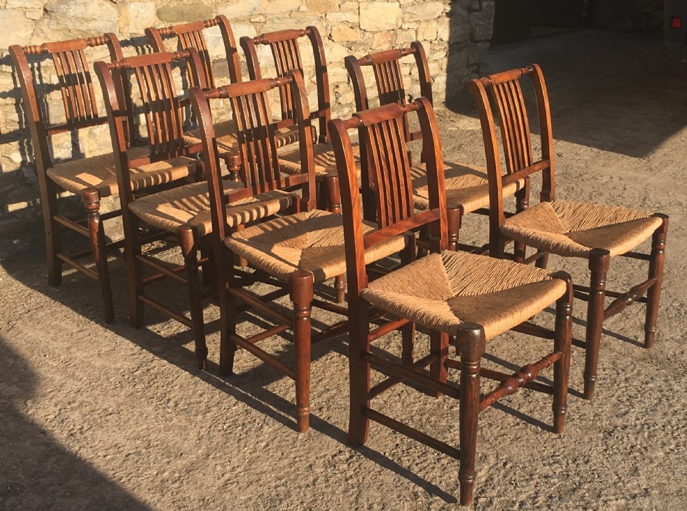 Harlequin Set of 8 Antique Country Dining Chairs with Rush Seats View XIV