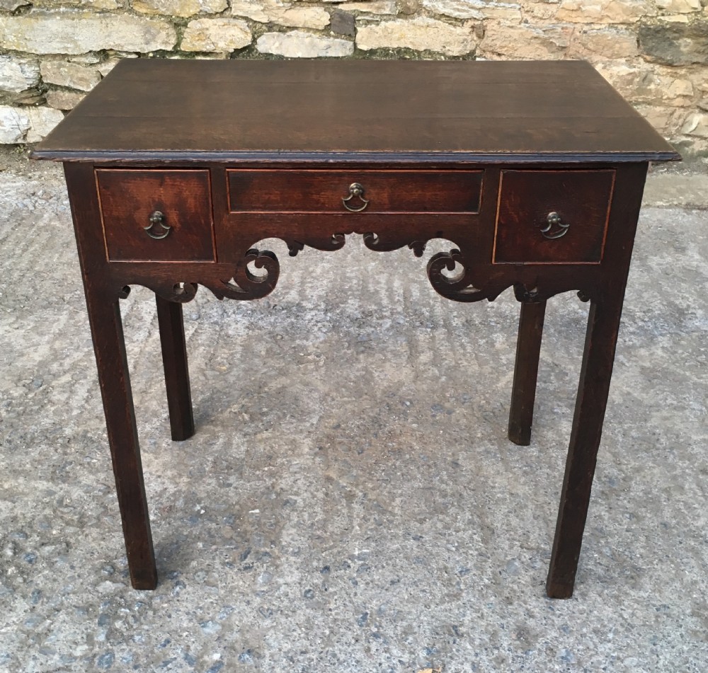 Antique 18th Century Oak Lowboy with Fretwork Frieze View II